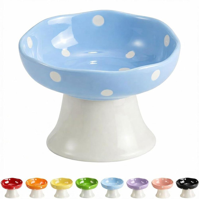 Ceramic Elevated Cat Bowls, Tilted Raised Pet Dish for Indoor Cats, Whisker Friendly Pet Food and Water Bowl for Kitten, Cat, Puppies, Dishwasher Safe (Blue)