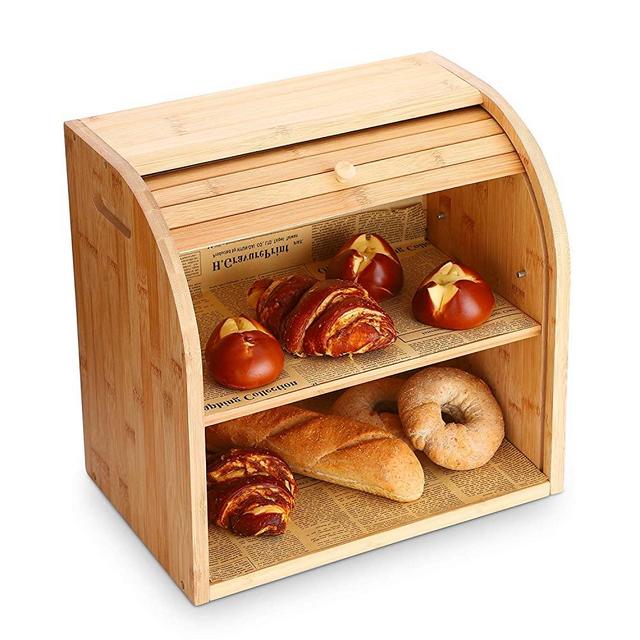 G.a HOMEFAVOR Bamboo Bread Box, 2 Layer Bread Bin for Kitchen, Large Capacity Wooden Bread Storage Holder, Countertop Bread Keeper, 15" x 9.8" x 14.2", Self Assembly