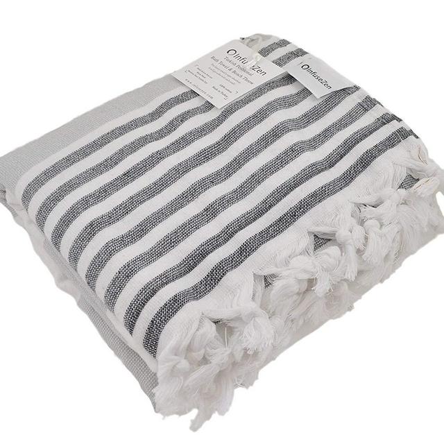Oversized Turkish Towel, Soft Terry Cloth Back, Striped Turkish Bath Towel, Beach Towel, Extra Large Peshtemal Bath Sheet for Plus Size, Nautical Style Thin Hammam Towel, Cotton Fouta (GREY & BLACK)