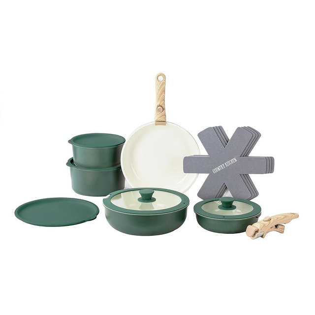 Country Kitchen 16 Piece Pots and Pans Set - Safe Nonstick Kitchen Cookware with Soft Touch Wooden Removable Handle, RV Cookware Set, Oven Safe (Sage)