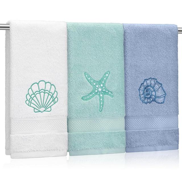 Hahafelt 3 Pack Coastal Hand Towels for Bathroom 100% Cotton Embroidered Bathroom Towels 17x26 Inch Beach Hand Towels Soft Absorbent Cotton Towel(Classic,Ocean)