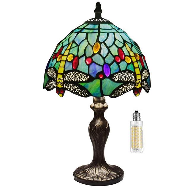 Tiffany Table Lamp Stained Glass Crystal Bead Style Table Light, Handmade Desk Bedside Table Night Lamp, Antique Art Craft Gifts Lover Kid Living Room Bedroom Study Bookcase Desk Ligh(Green Dragonfly)