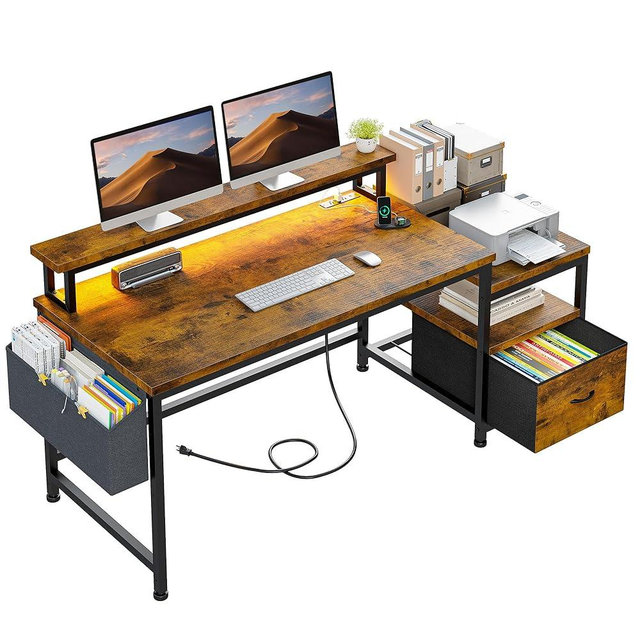 EnHomee 57" Computer Desk with File Drawers Cabinet,Home Office Desk with Shelves Monitor Stand,Study Writing Gaming Desk with Power Outlets,Work Table with Printer Space,Rustic Brown