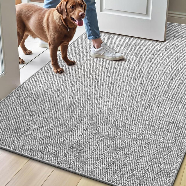 LUMI Ultra Thin Indoor Door Mat for Entrance 36"x56", Non Slip Entryway Mat, Low Profile Doormat, Unique Herringbone Design Carpet for Inside, Patio, Porch, Gray
