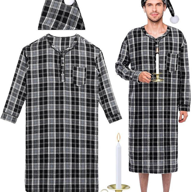 Cuffbow 4 Pcs Christmas Men's Cotton Flannel Nightshirt Set Includes Men Flannel Long Sleeve Nightgown Cap Candle and Holder
