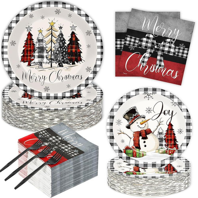 GOLDGAO 200 PCS Christmas Paper Plates Napkins Party Set Buffalo Plaid Xmas Tree Snowman Dinnerware Plate and Napkin Sets for Xmas Party Supplies Dinner Winter Decorations for 50 Guests