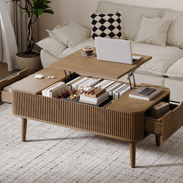 47.2" Fluted Lift Top Coffee Table with Hidden Compartment, Modern Rectangle Center Tables with 2 Drawers, Farmhouse Coffee Tables for Living Room Walnut