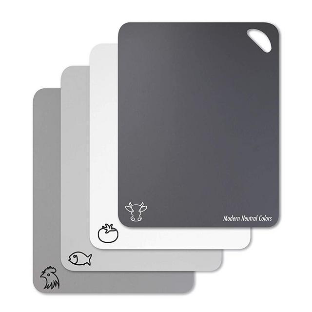Flexible Plastic Cutting Board Mats in Unique Modern Neutral Colors With Food Icons & Easy-Grip Handles, Fotouzy BPA-Free, Non-Porous, 100% Non-slip Back and Dishwasher Safe, Set of 4