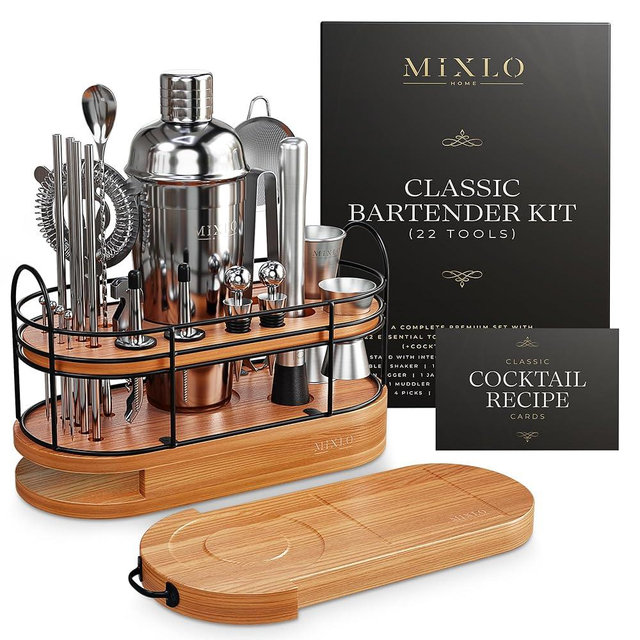 MIXLO HOME Mixology Bartender Kit - 22Pcs Bar Set Cocktail Shaker Set w Brown Bar Cart Accessories Stand - Shakers Bartending Silver Tools, 24oz Shaker, 17 Recipe Cards, Martini Barware