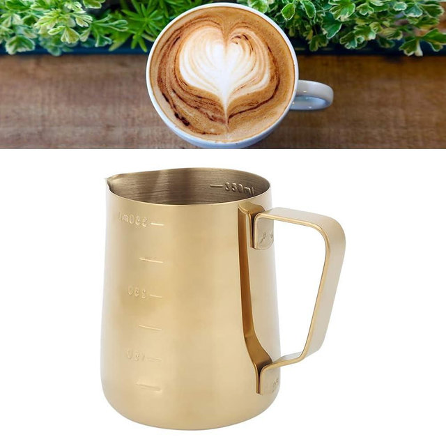 KooingTech Milk Frothing Cup Stainless Steel, 350ML Milk Frothing Cup Small, Milk Frothing Pitcher Gold with Scale, Home Office Coffee Frother Cup for Gold Coffee Bar Accessories (350ML (with scale))