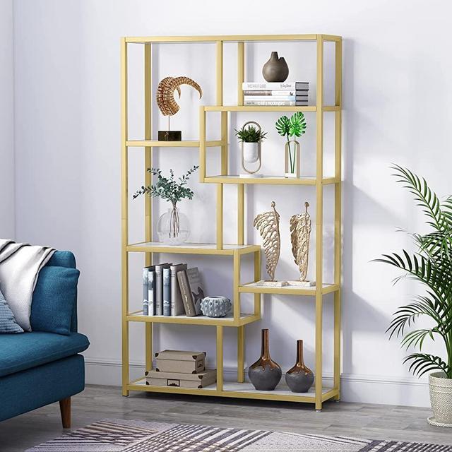 Tribesigns Bookshelf Bookcase, Gold 8-Open Shelf Etagere Bookcase with Faux Marble, Modern Book Shelves Display Shelf Storage Organizer for Home Office