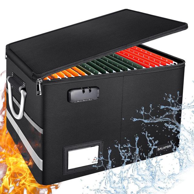 File Box Fireproof Box with Lock, BALAPERI Collapsible File Organizer for Hanging Letter/Legal File Folder, Portable Fireproof Document Storage Filing Box with Handle, Office Home File Folder Box