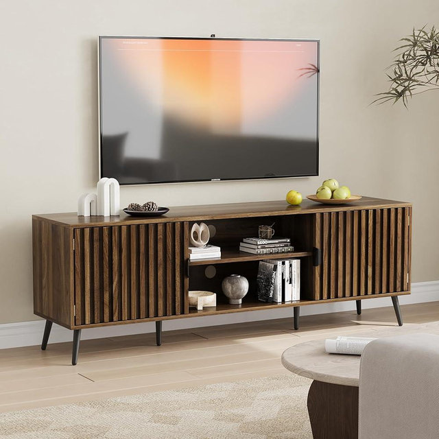 Smart FENDEE 63" Walnut Fluted TV Stand with 2 Cabinets and Adjustable Shelf, Media Console Fits 30" to 70" TV for Living Room, Mid Century Modern Entertainment Center for Bedroom