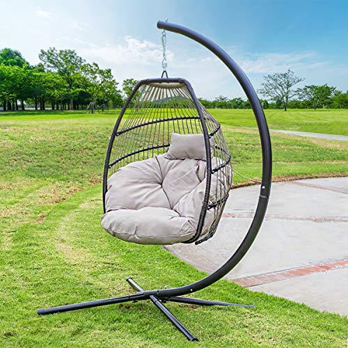 Barton Outdoor Hanging Egg Chair Swing Lounge Chair UV Resistant Soft Deep Cushion Backyard Relax, Beige