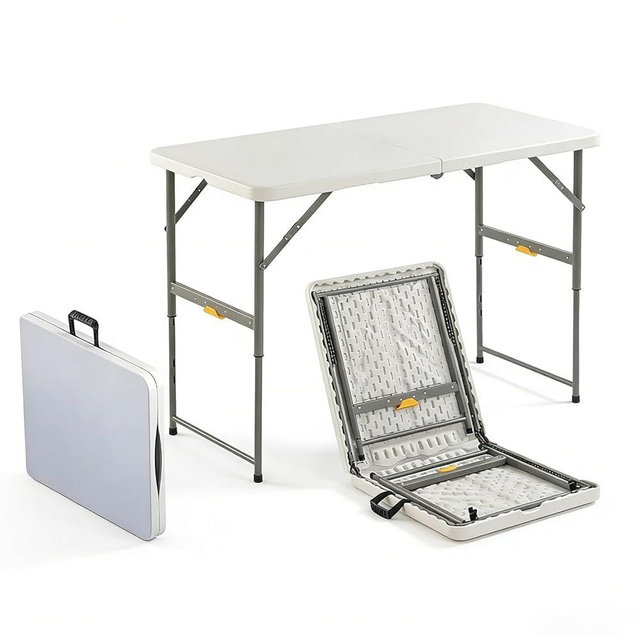 4FT Folding Table with One Press Adjustable Height,Fold in Half Portable Card Table with Carry Handle&Locking Steel Legs,Heavy Duty Plastic Utility Table for Party,Picnic,Camping Indoor Outdoor,White