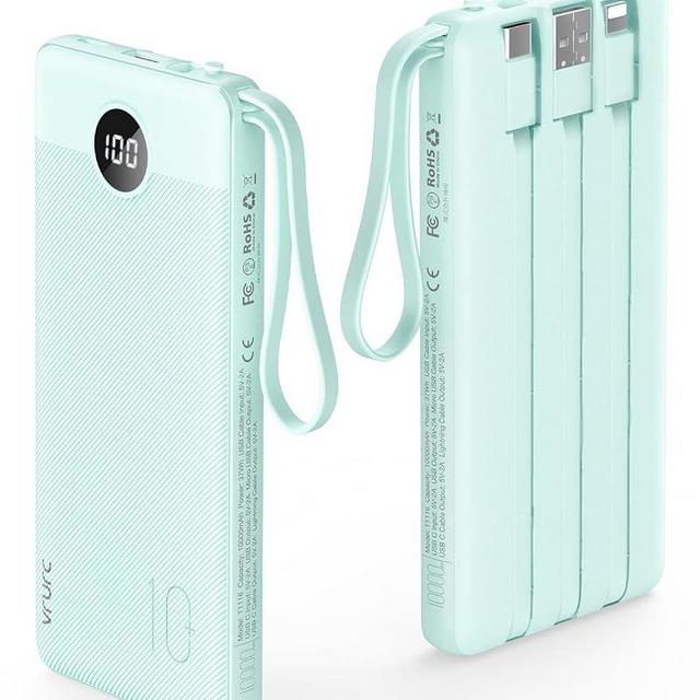 VRURC Portable Charger with Built-in Cables, 10000mAh LED Display USB C Power Bank, 5 Output 2 Input Travel Phone Charger, Slim External Battery Compatible with iPhone,Samsung,Android etc-Green