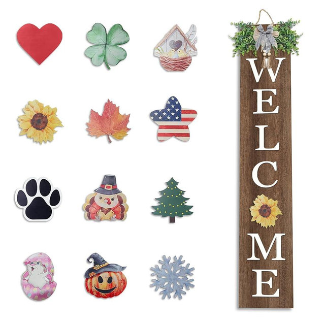 Interchangeable Outdoor Welcome Sign for Front Porch Standing 47"X8" Set of 3 Large Wood Frame with 12 Pcs Icons Vertical Tall Leaner Outside Welcome Sign for Front Door Decor(Wood)