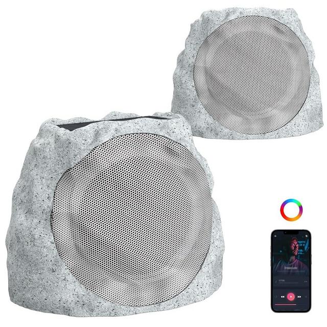 JMJEAN Outdoor Rock Speakers with Lights Show Portable Speakers Bluetooth Wireless Outdoor Speaker Weatherproof Solar Powered and Rechargeable Rock Speaker for Patio Pool,Backyard Marble 2pack