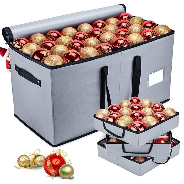 Mrrihand Christmas Ornament Storage Box, Ornament Storage Container with 8 Trays-Xmas Decoration Organizer Keeps 128 Holiday Ornaments 3-Inch, Dual Zipper Closure, 600D Tear-Proof（Grey）