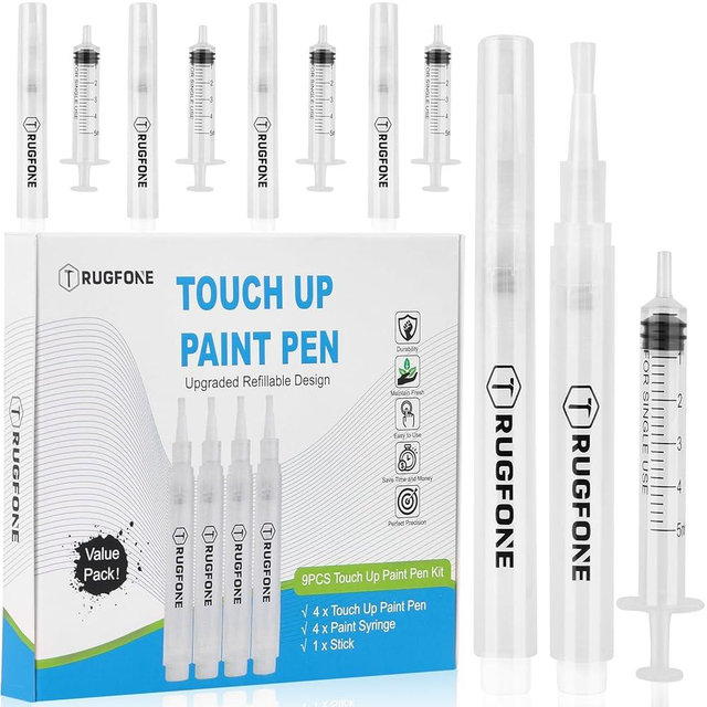 TRUGFONE Touch Up Paint Pen 4 Pack Pens Fillable Paint Touch Up Brush Pen for Walls Refillable Paint Touch Up Pen for Wall Repair Funiture Cabinet Wood Floor Window 6ML (4 Count (9 Pcs Kit))