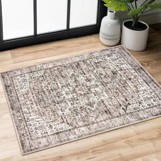 SIILOOM 2x3 Golden Beige Brown Washable Printed Rug for Entryway, Boho Low-Pile Area Rug Soft Non-Slip Indoor Door Mat, Vintage Kitchen Rug, Oriental Small Floor Carpet for Kitchen Bedside Entrance