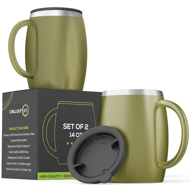 Stainless Steel Insulated Coffee Mugs Set of 2 (14oz) – Double Wall Coffee Cups With Spill Resistant Lid & Strong Handle, Shatterproof Cups for Cold Drinks, Hot Beverages, Indoor & Outdoor Use