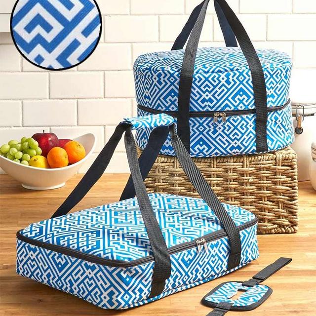 3-Pc. Carrier Bags for Slow Cookers, Casserole Dishes for Food - Blue Geometric