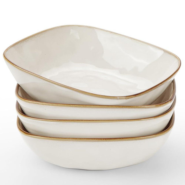 famiware Large Pasta Bowls Set of 4, Ocean Square 8" Bowls, Pasta Serving Bowl Large Dinner Bowls, Kitchen Bowl Set, Microwave and Dishwasher Safe, Scratch Resistant, Cappuccino White