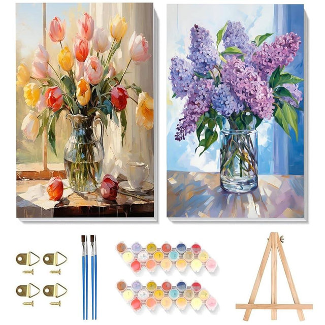 YarnWhimsy 2 Pack Paint by Numbers with Frame-Wooden Easel,Flowers Paint by Numbers Kit for Adults,Flower Painting by Numbers on Canvas,Easy Oil Painting Arts Gift Kits for Home Wall Decor 8x12inch