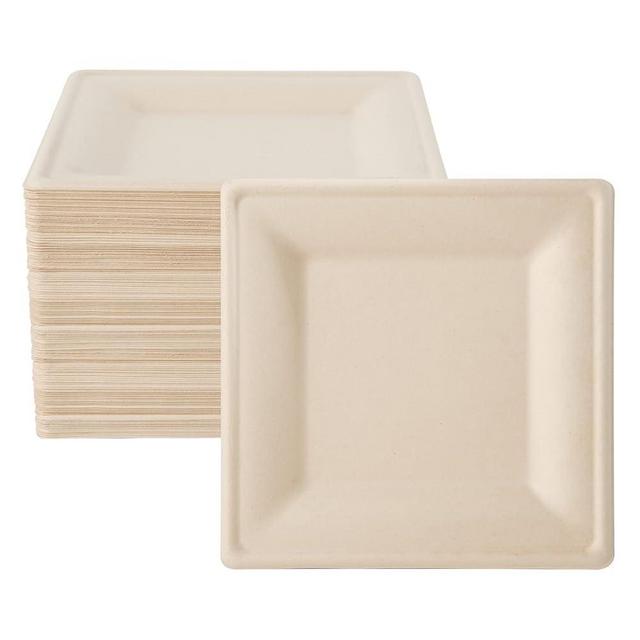 ECOLipak 125 Pack Compostable Square Plates, 6 inch Disposable Paper Plates, Eco-friendly Heavy Duty Biodegradable Sugarcane Plates