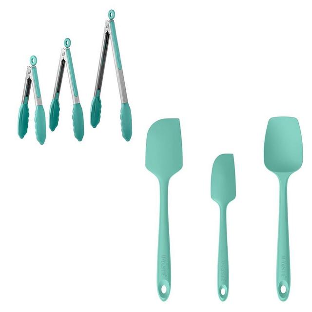 U-Taste 480ºF Heat Resistant Food Grade Silicone Spatula Set of 3, and 600℉ Heat-Resistant Food-Grade Non-Stick Firm Cooking Tong Set of 3 (Aqua Sky)