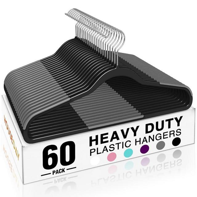 HOUSE DAY Heavy Duty Plastic Hangers 60 Pack, Non Slip Clothes Hangers with Rubber Pads and 360° Hook - Thin 0.2 Inch, Space Saving Coat Hanger Black, Closet Organizer for Shirt, Pants, Suit, Skirt