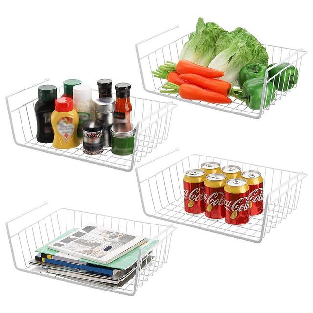 Tebery 4 Pack White Under Shelf Wire Basket Hanging Storage Baskets, Under Cabinet Add-on Storage Racks Slide-in Baskets Organizer for Kitchen Pantry Desk Bookshelf