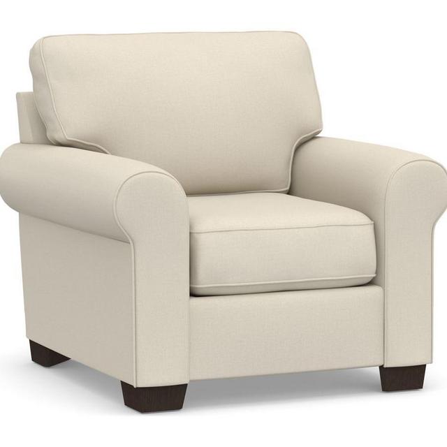 Buchanan Roll Arm Upholstered Armchair, PLY Cushions, Performance Brushed Basketweave Ivory