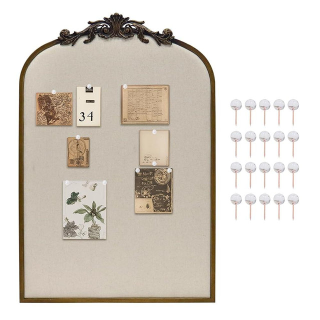 CASOLLY Arch Fabric Pinboard, Antique Gold Bulletin Boards 24"x36", Vintage Cork Board with Ornate Iron Frame for Wall Unique Display, Organization and Decor Options