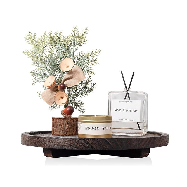 Round Decorative Tray Wood Bathroom Counter Organizer Farmhouse Kitchen Decor Wooden Riser for Soap Dish, Perfume, Candle, Sponge, 12" - Bark Brown