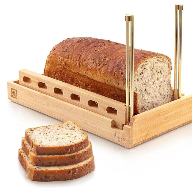 DITTO 2.0 Bamboo Bread Slicer for Homemade Bread - 6.5" Wide Adjustable Bread Slicer Guide Cuts Even Slices, 4 Thickness Options - Works with Buns, Bagels - Incl Crumb Tray