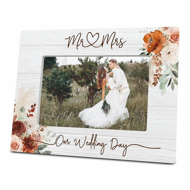 WeMaison Floral Wedding Picture Frame For 4 x 6 Photos - Our Wedding Day Wooden Photo Frame - Engagement Gifts For Couples Newlyweds -Wedding room decoration, Home Decor (Horizontal)- C05