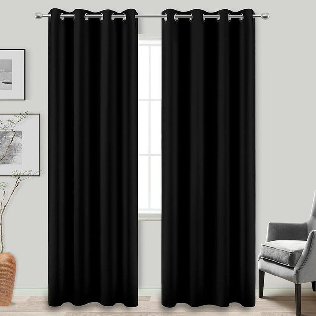 KOUFALL Black Curtains 84 Inches Long for Bedroom 2 Panels Set Total 100% Blackout Heat Sun Insulated Thermal Dark Curtains No Light Blocking Black Out Blinds Shades for Bedroom Windows Living Room