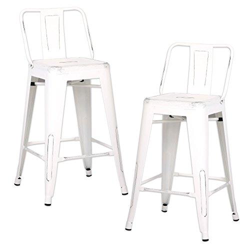 AC Pacific Modern Industrial Metal Barstool with Bucket Back and 4 Leg Design, 24" Seat Bar Stools (Set of 2), Distressed White Finish