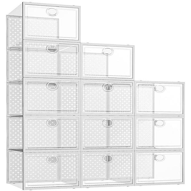 Pinkpum Shoe Storage Boxes, 12 Pack Clear Plastic Stackable Shoe Organizer Bins, Drop Front Shoe Box for Closet, Fit for Size 11