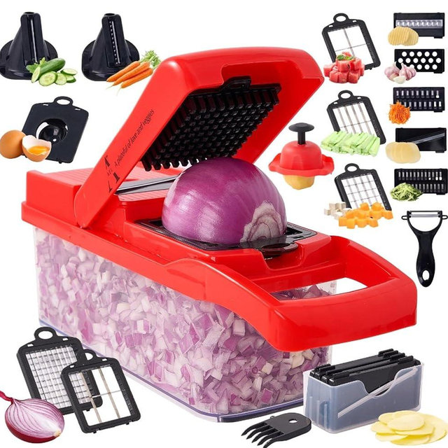 New 26 in 1 Ultimate Vegetable Chopper – Multi-Function Vegetable Slicer for Slice, Dice, Chop, Grate and Spiralize - Hand Kitchen Slicer for Food and Salad - Kitchen Essential (Red)