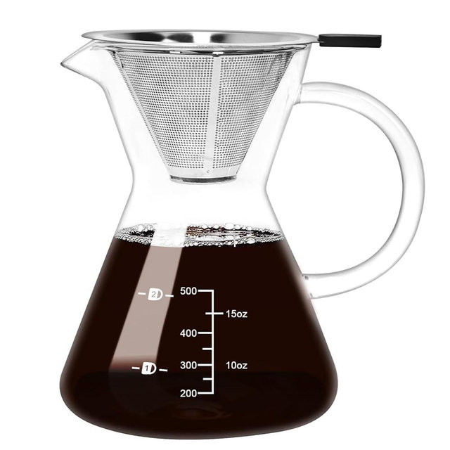 500ML(16.9oz) Glass Pour Over Coffee Maker with Double Stainless Filte - 4 Cup (Approx Refers to 4 oz. Per Cup) Thickened Heat-Resistant Paperless Pour Over Coffee Dripper Perfect Extraction for Home