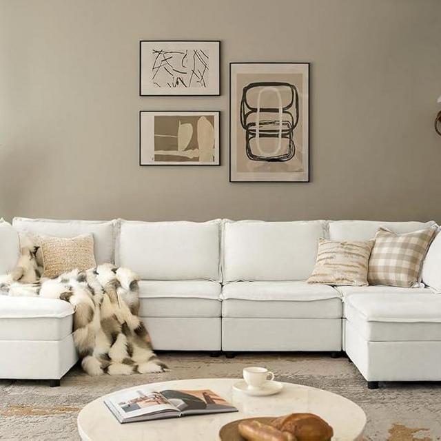HULALA HOME 127'' Modular Sectional Sofa, Oversized U Shaped Couch with Storage Ottoman, Extra Deep Seat, Modern Comfy Chenille Sofa with Chaise, 6 Seat Convertible Couches for Living Room, White