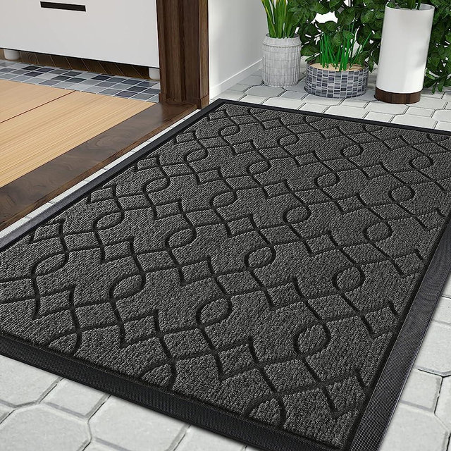 Yimobra Durable Front Door Mats, Heavy Duty Water Absorbent Mud Resistant Easy Clean Entry Outdoor Indoor Rugs,Non Slip Backing, Exterior Mats for Outside Patio Porch Farmhouse,36 x 24, Black Gray