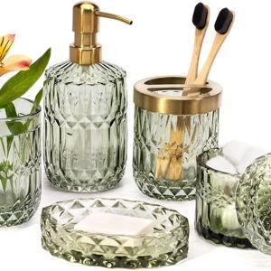 Green EMPO 6PCS Bathroom Clear Glass Accessories Set (Lotion Soap Dispenser, Soap Dish, Toothbrush Holder, Tumbler, Cotton Swab Jar), Contemporary Modern Decor Crystal Vintage Gift (6pcs Green)