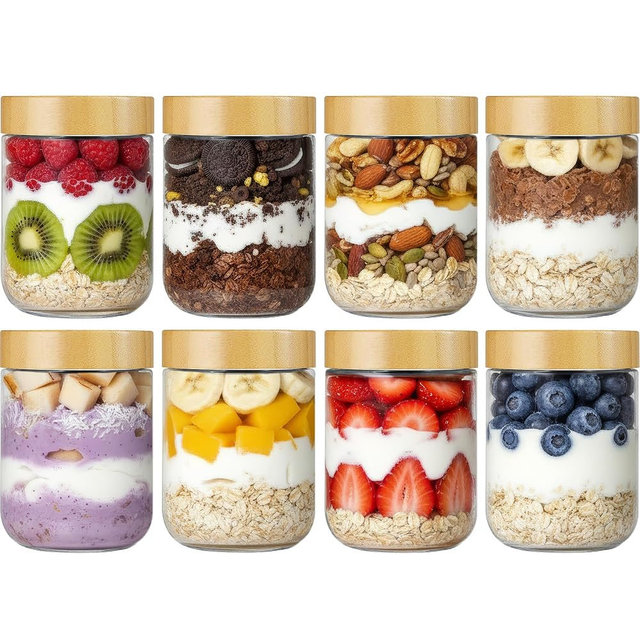 Vtopmart 8 Pack 16oz Glass Overnight Oats Containers with Bamboo Lids, Portable Wide Mouth Glass Jars Leak-proof, Reusable Glass Food Storage Containers for Yogurt Chia Pudding Salad Pickling Snacks