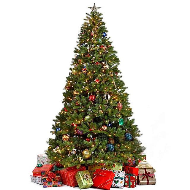 Juegoal 7.5 Foot Artificial Christmas Tree with 600 LED Warm White String Lights (NOT Pre-Strung) 8 Lighting Modes Fake Xmas Tree with Durable Metal Legs, 1350 Tips