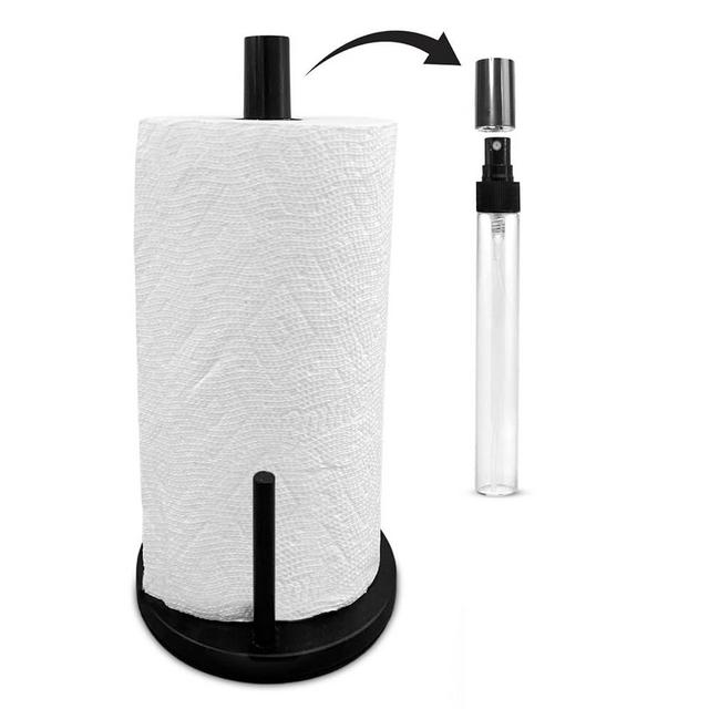 BluJaye 2 in 1 Attractive Paper Towel Holder with Spray Bottle, Under Counter Paper Towel Holder, Standing Paper Towel Holder for Home Kitchen, Rust-Resistant Metal Base (Black)