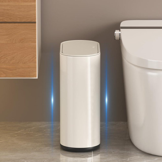 YOJIA 9 Liter Small Bathroom Trash Can No Lid - Open Top Stainless Steel Bathroom Trash Can 2.4 Gallon, Slim Silver Trashcans for Bedroom, Office, Desk, Kitchen with Removable Bin (9L White Press)